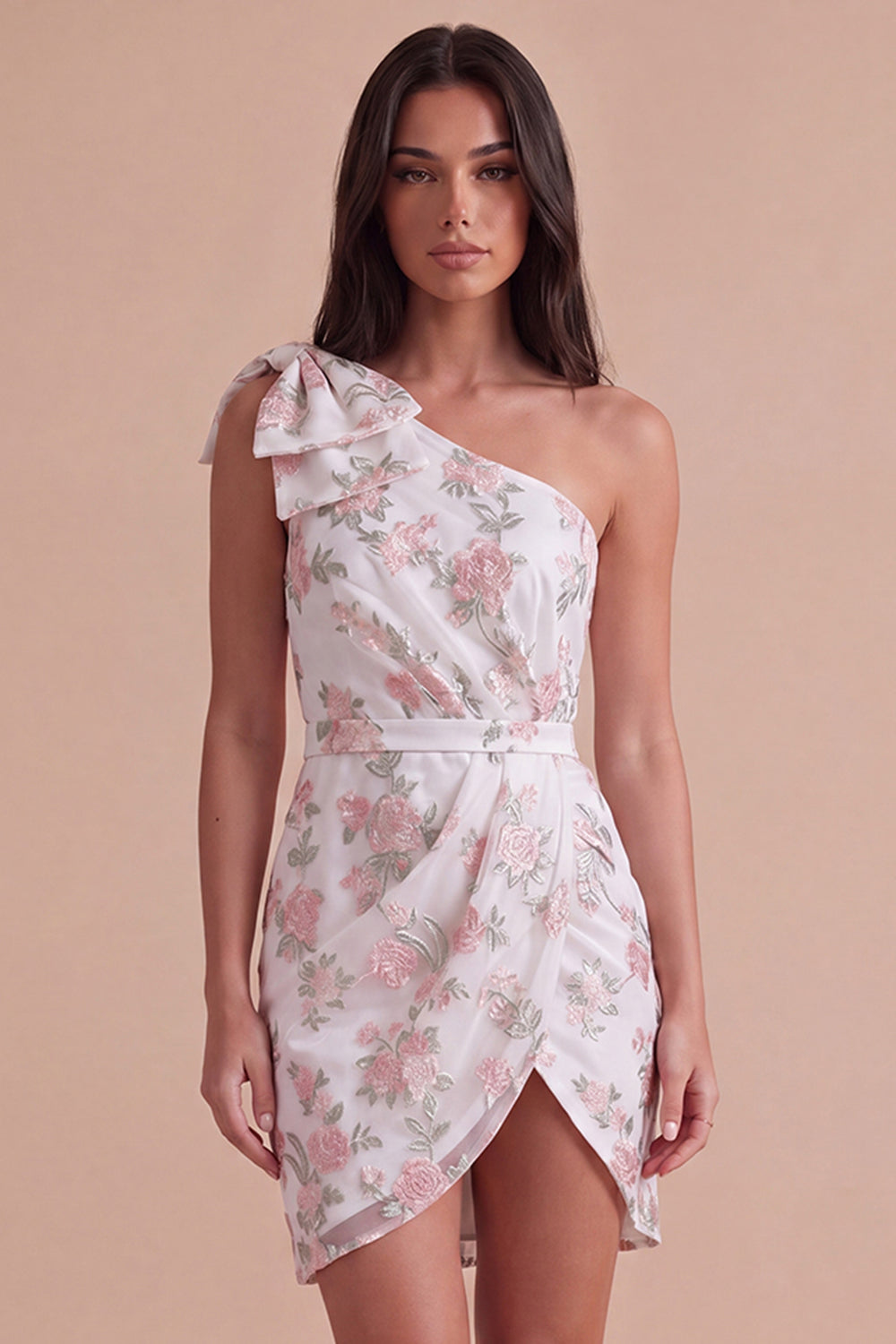 Leely Women Ivory Floral Ruched Short Homecoming Dress with Slit Bodycon One Shoulder Cocktail Dress with Bow