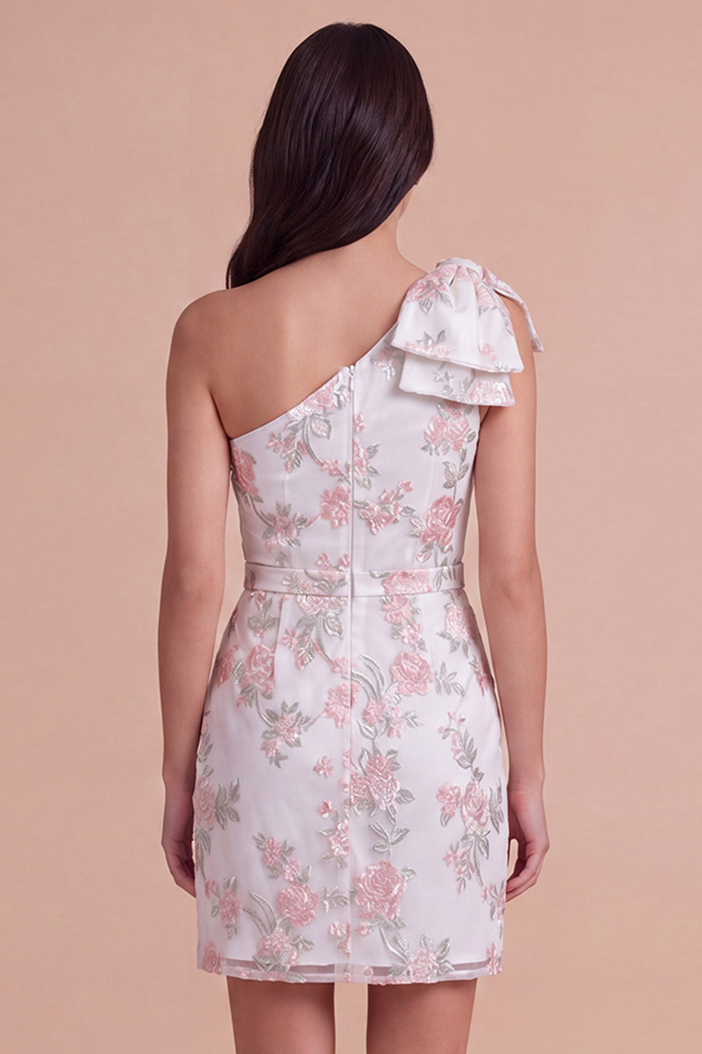 Ivory Floral One Shoulder Bodycon Ruched Short Homecoming Dress with Bow