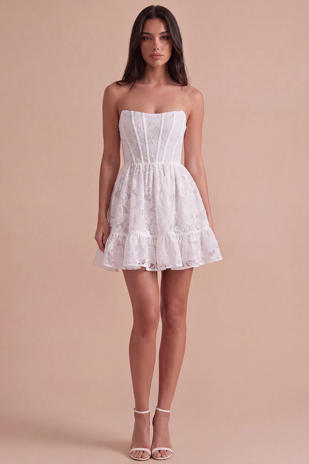 Leely Women Floral Ivory Short Homecoming Dress with Riffles A-Line Strapless Cocktail Dress