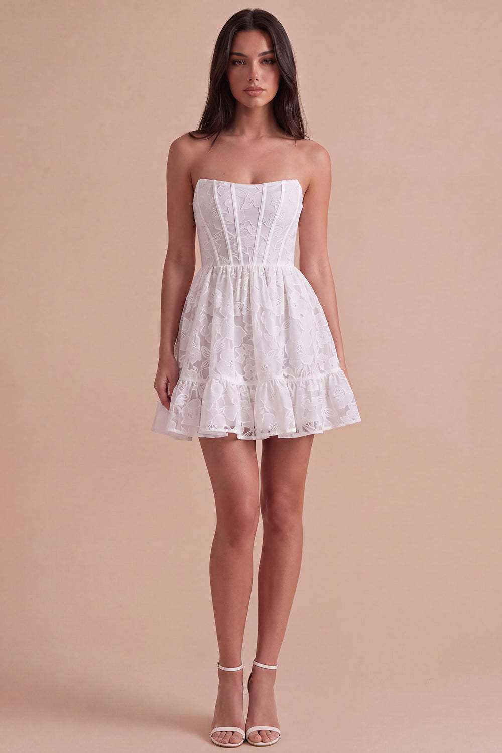 Leely Women Floral Ivory Short Homecoming Dress with Riffles A-Line Strapless Cocktail Dress