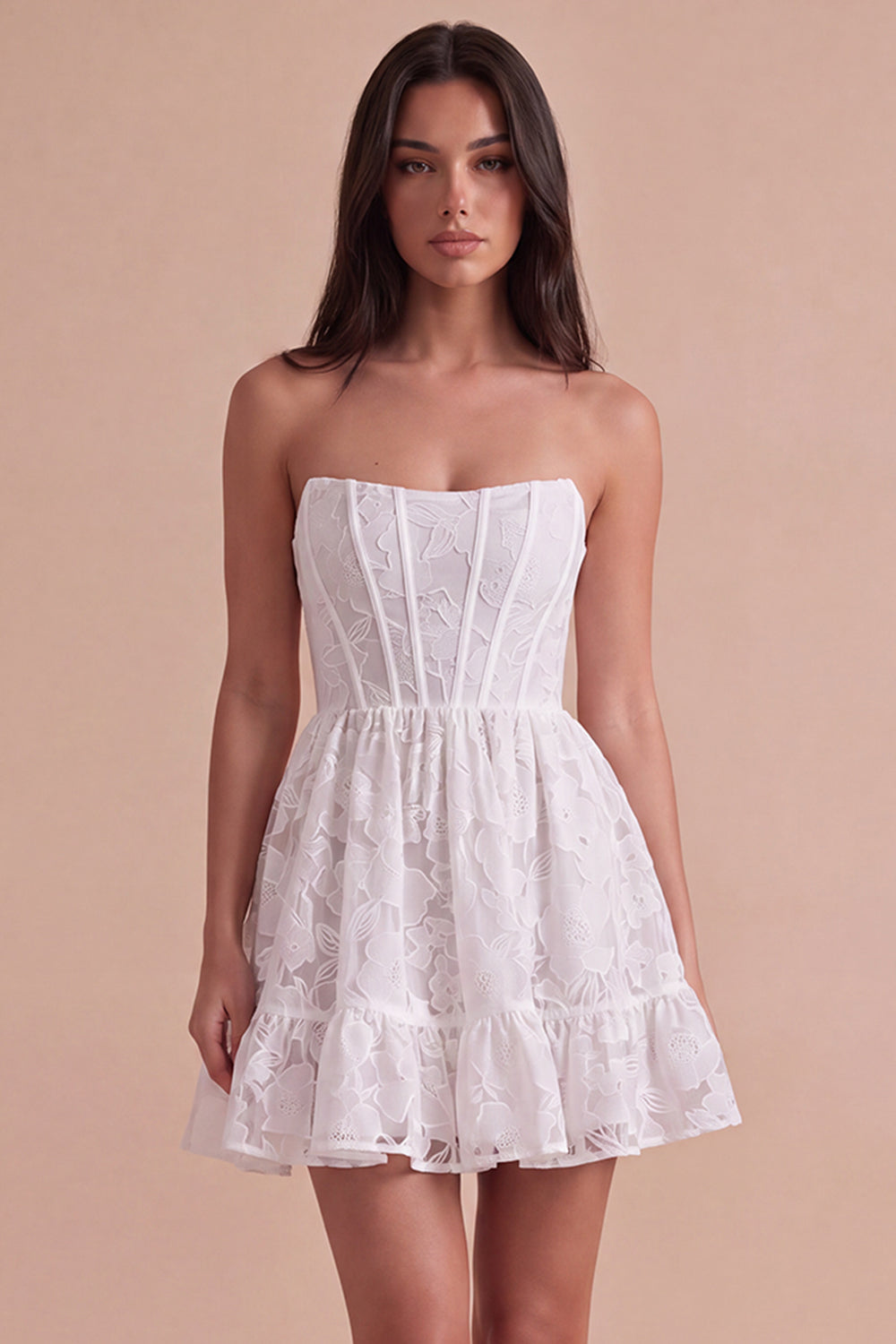 Ivory Floral A-Line Strapless Short Homecoming Dress with Ruffles