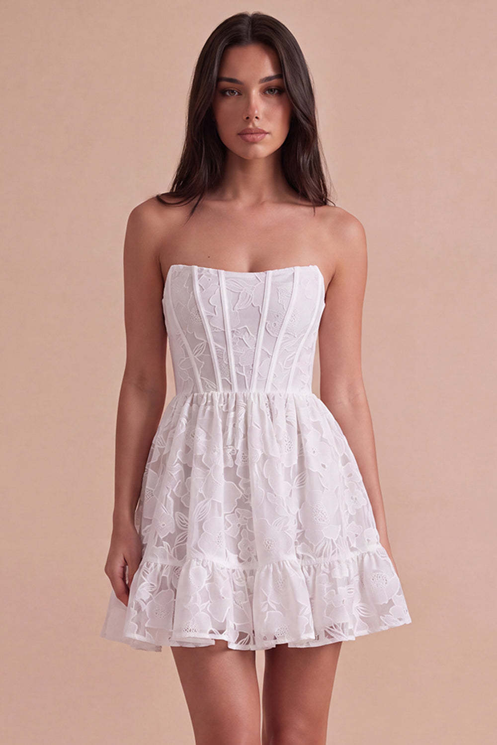 Ivory Floral A-Line Strapless Short Homecoming Dress with Ruffles