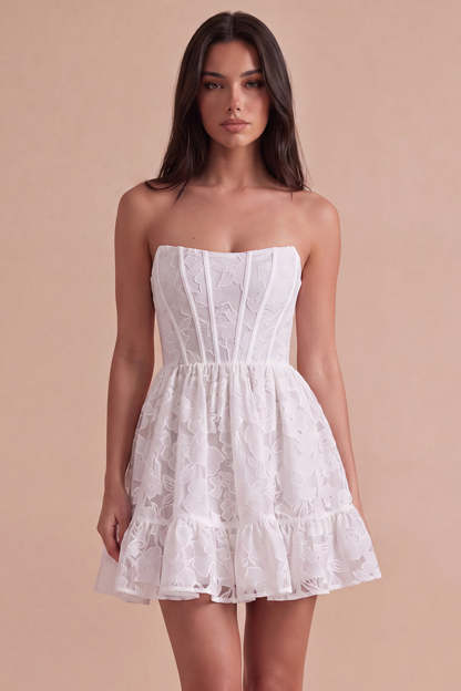 Ivory Floral A-Line Strapless Short Homecoming Dress with Ruffles