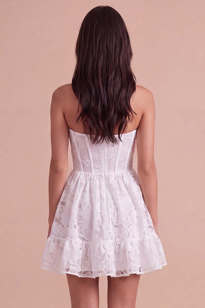 Ivory Floral A-Line Strapless Short Homecoming Dress with Ruffles