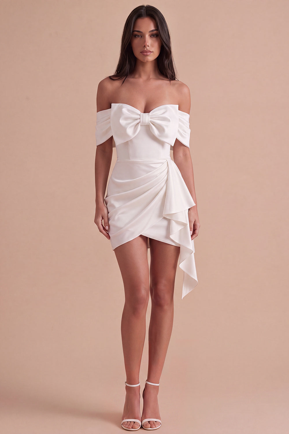 Leely Women Ivory Bodycon Ruched Short Homecoming Dress with Bow Off the Shoulder Cocktail Dress with Sash