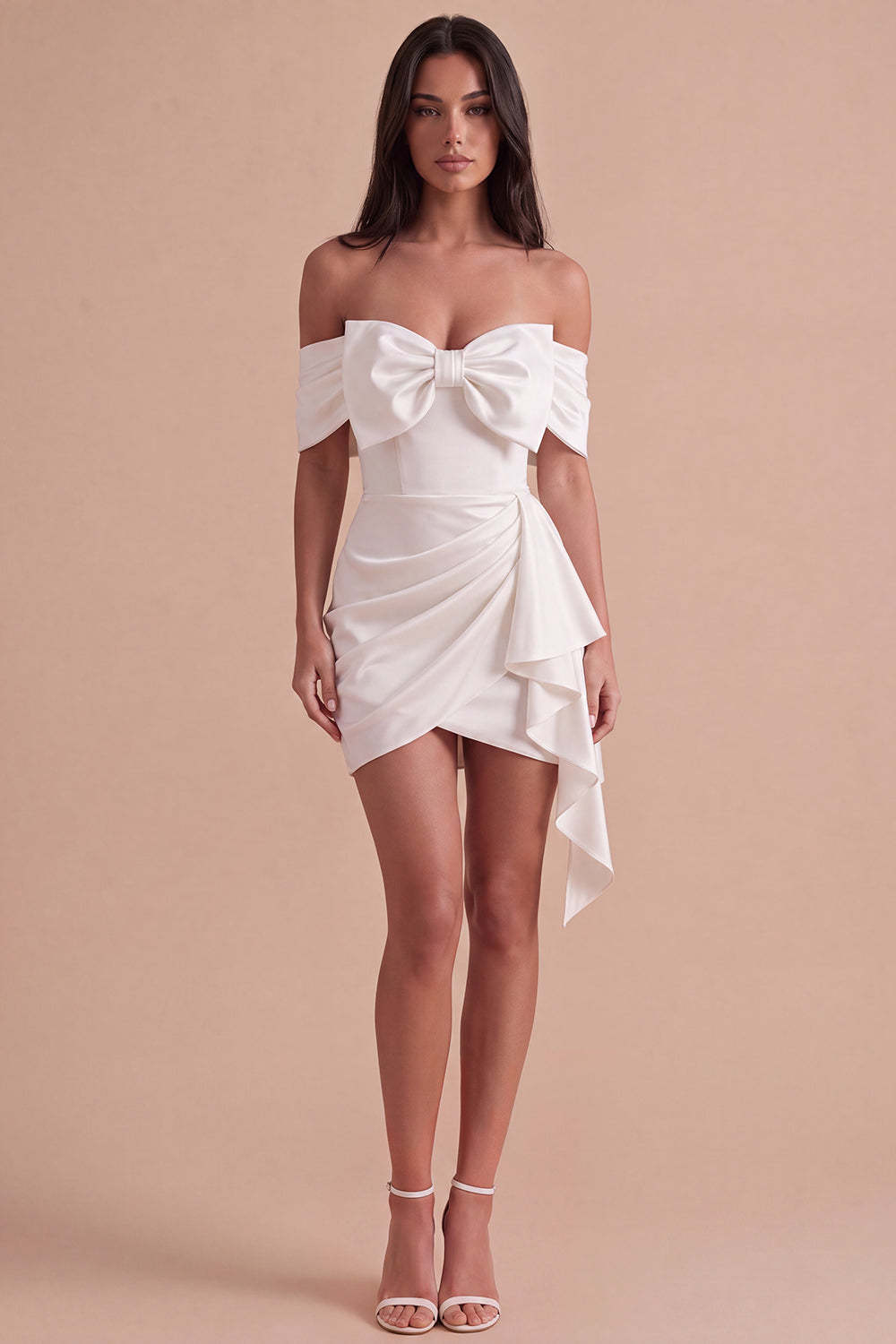 Leely Women Ivory Bodycon Ruched Short Homecoming Dress with Bow Off the Shoulder Cocktail Dress with Sash