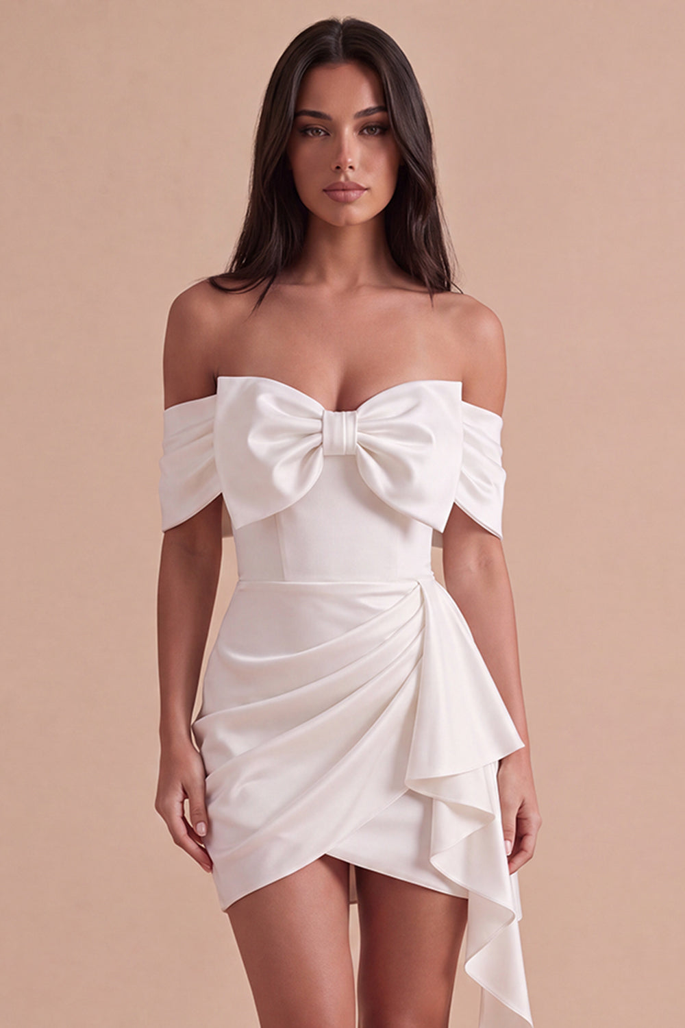 Ivory Off the Shoulder Ruched Bodycon Short Homecoming Dress with Bow