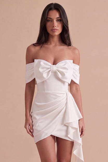 Ivory Off the Shoulder Ruched Bodycon Short Homecoming Dress with Bow