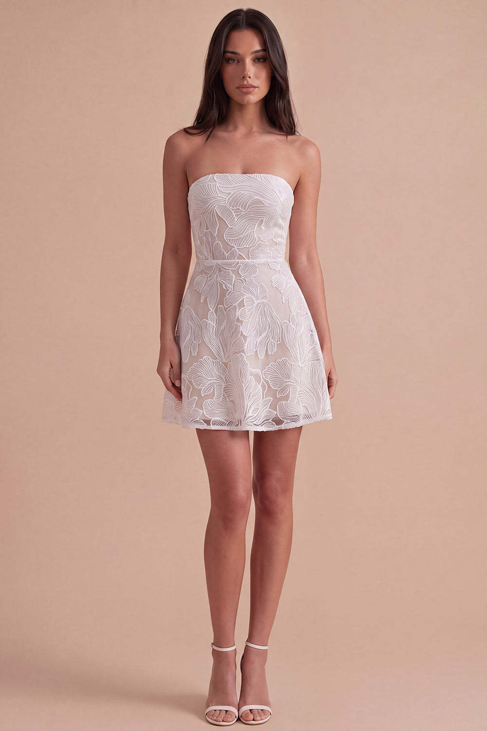 Leely Women Floral Ivory Short Homecoming Dress Strapless A-Line Lace Cocktail Dress