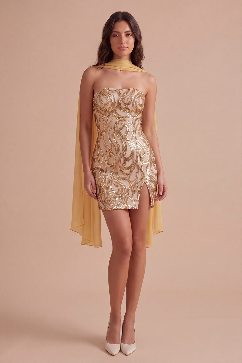 Sparkly Gold Sequin Neck Scarf Short Homecoming Dress with Slit