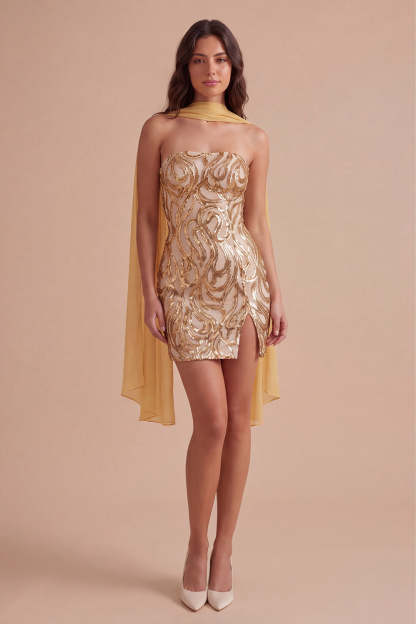 Sparkly Gold Sequin Neck Scarf Short Homecoming Dress with Slit