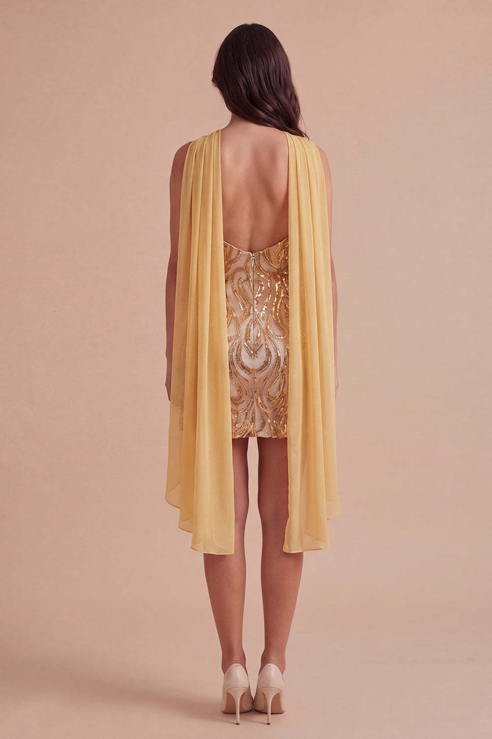Sparkly Gold Sequin Neck Scarf Short Homecoming Dress with Slit