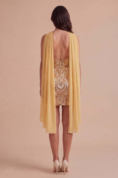 Sparkly Gold Sequin Neck Scarf Short Homecoming Dress with Slit
