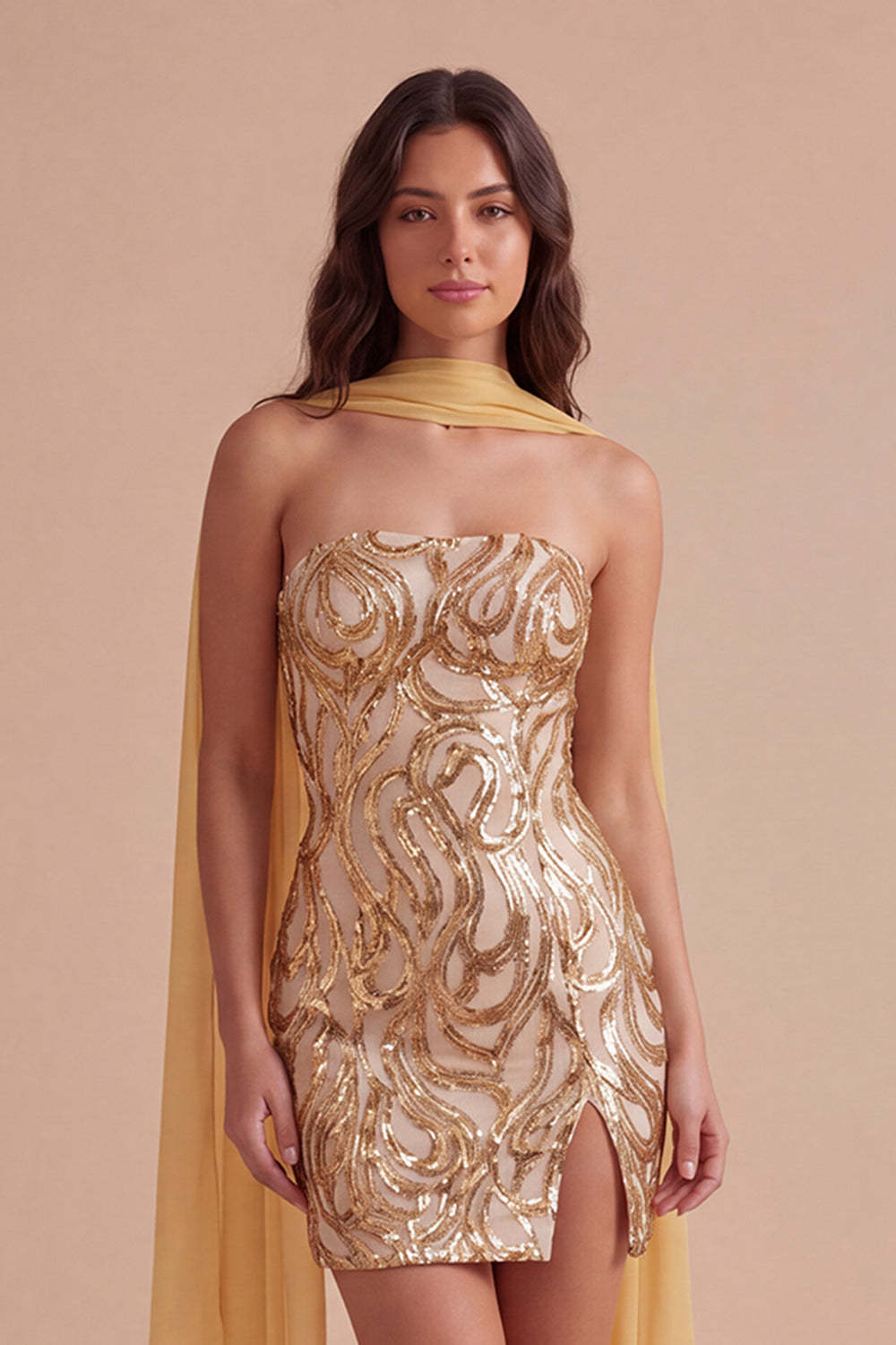 Leely Women Sparkly Gold Sequin Short Homecoming Dress with Slit Neck Scarf Bodycon Cocktail Dress