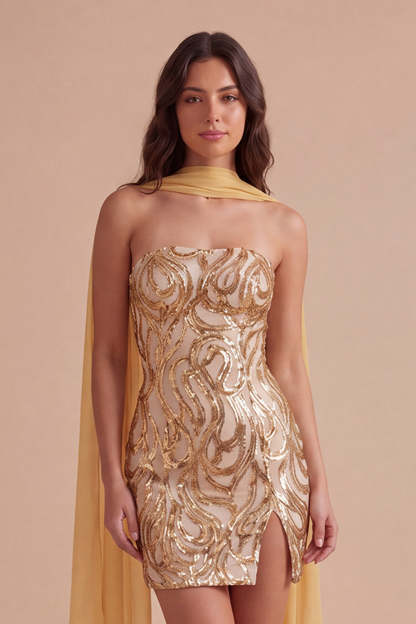 Leely Women Sparkly Gold Sequin Short Homecoming Dress with Slit Neck Scarf Bodycon Cocktail Dress