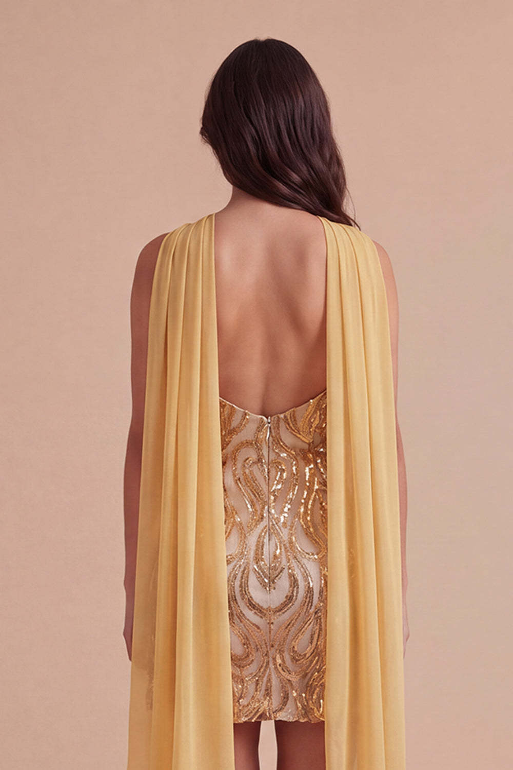 Sparkly Gold Sequin Neck Scarf Short Homecoming Dress with Slit