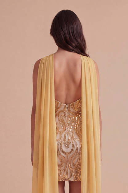 Sparkly Gold Sequin Neck Scarf Short Homecoming Dress with Slit
