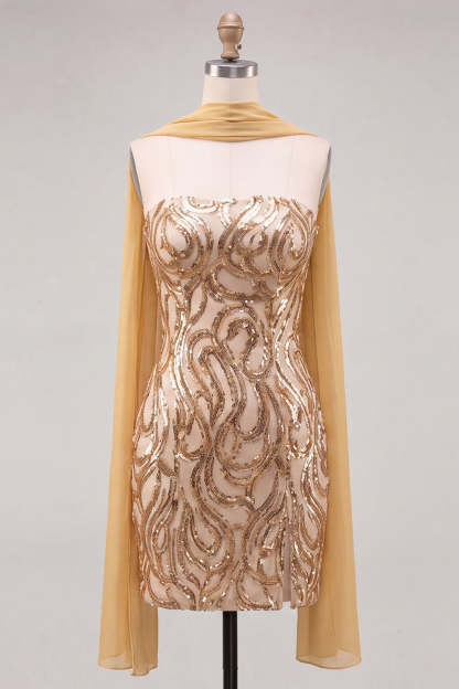 Sparkly Gold Sequin Neck Scarf Short Homecoming Dress with Slit