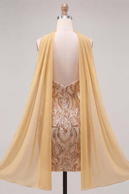 Sparkly Gold Sequin Neck Scarf Short Homecoming Dress with Slit