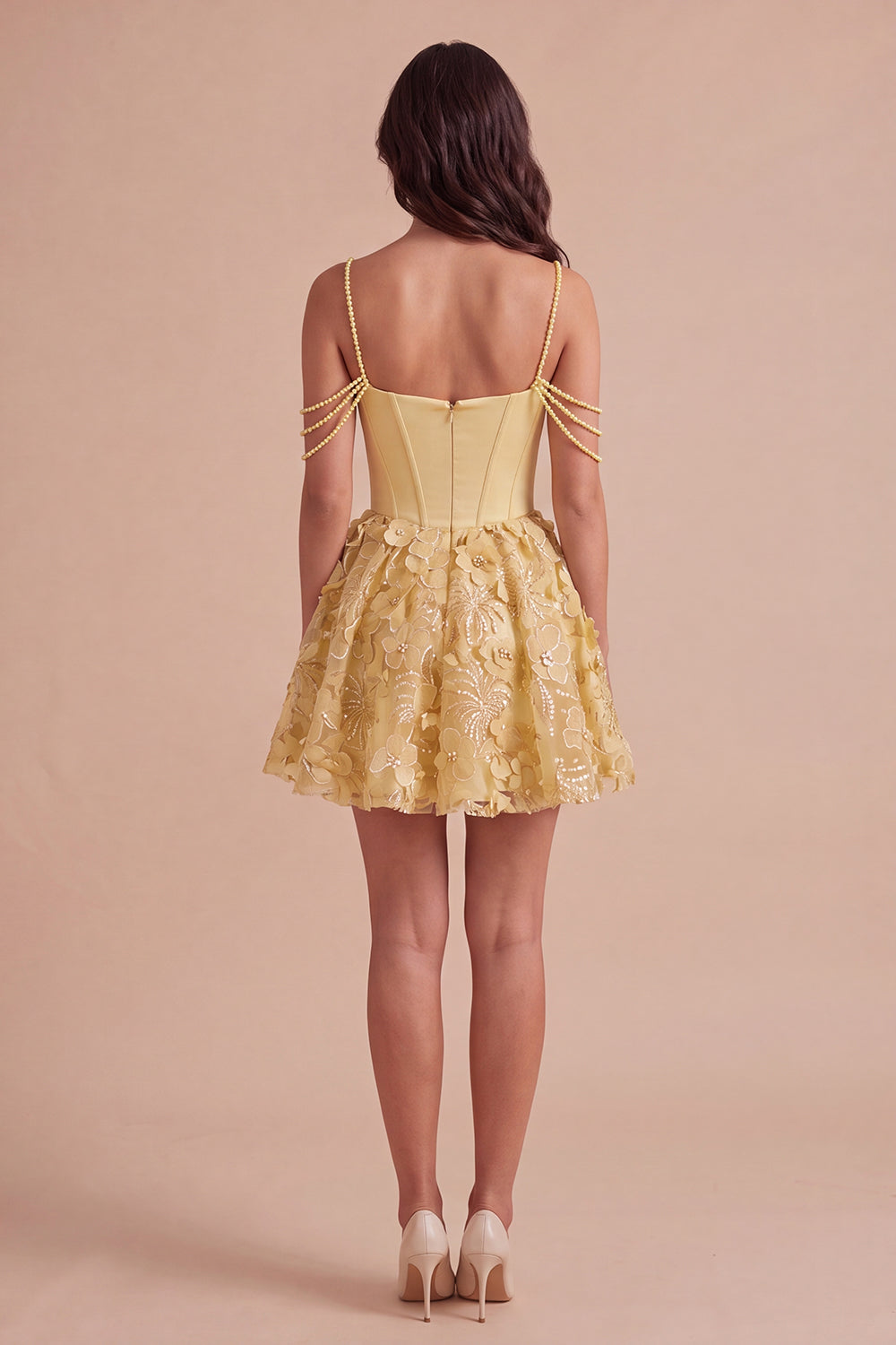 Sparkly Floral Yellow Corset Cold Shoulder Short Homecoming Dress