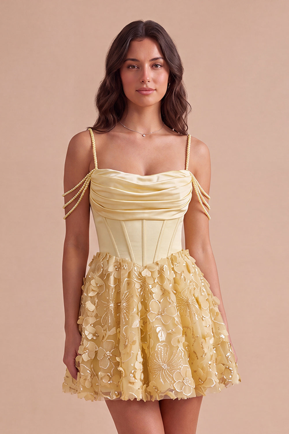 Sparkly Floral Yellow Corset Cold Shoulder Short Homecoming Dress