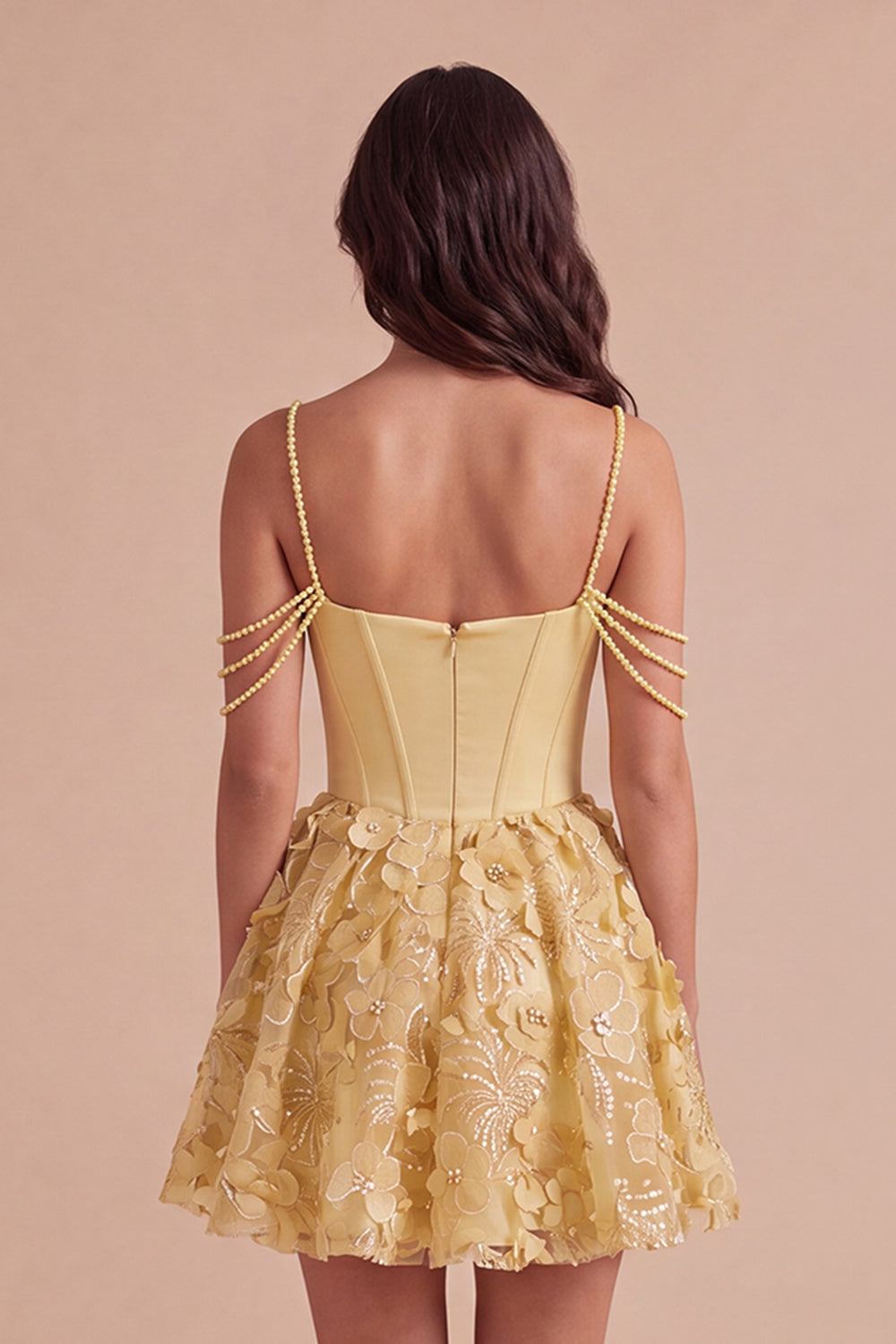 Sparkly Floral Yellow Corset Cold Shoulder Short Homecoming Dress