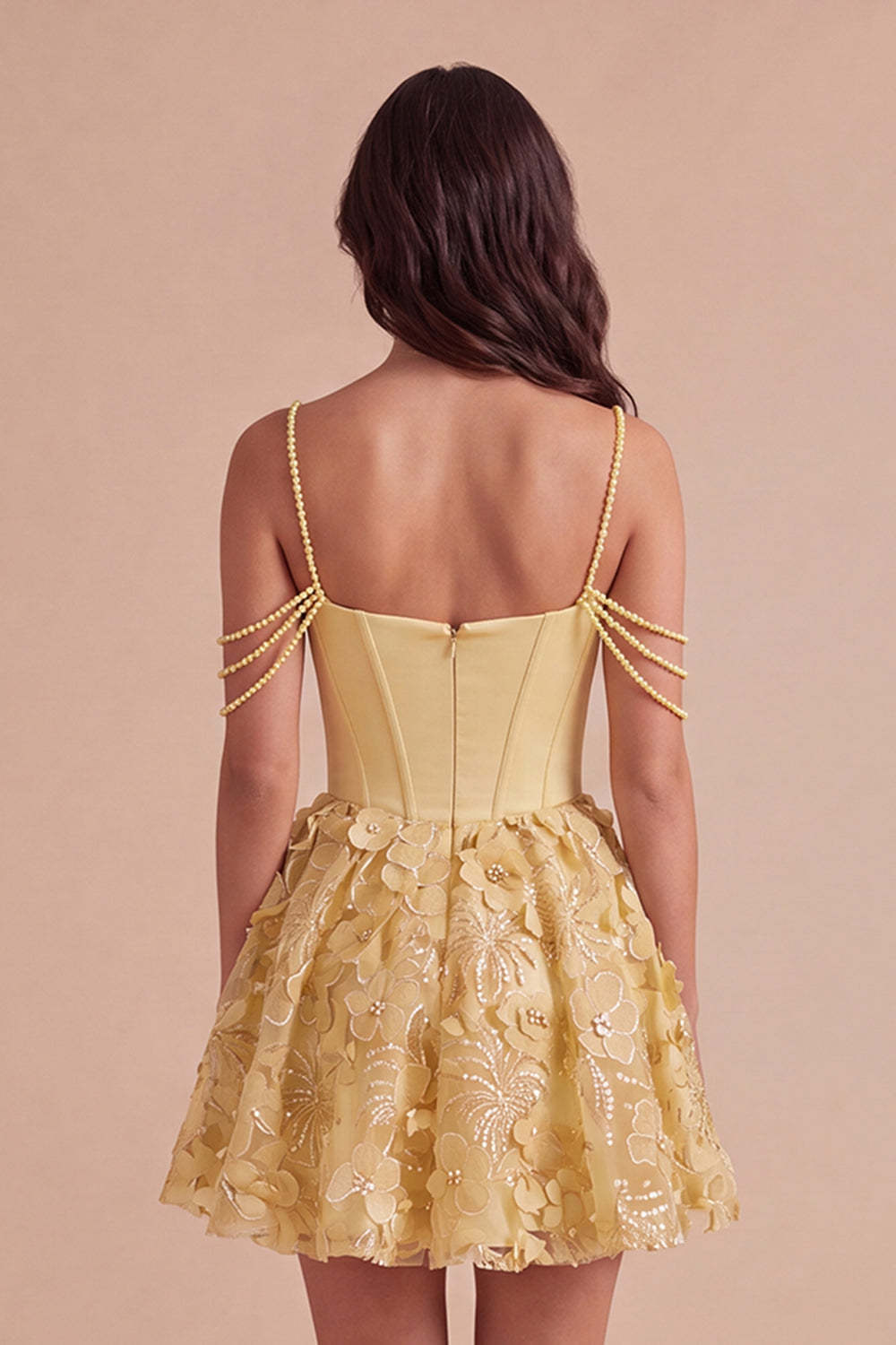 Sparkly Floral Yellow Corset Cold Shoulder Short Homecoming Dress