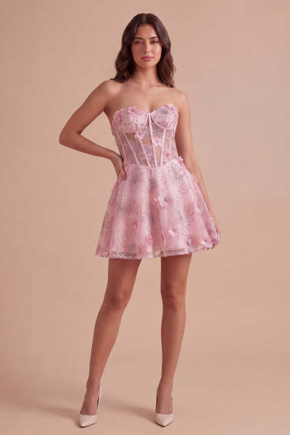 Pink Floral Sparkly Corset Strapless Short Homecoming Dress