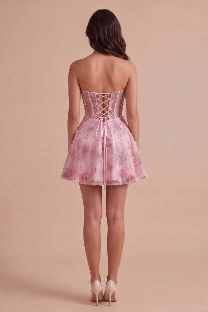 Pink Floral Sparkly Corset Strapless Short Homecoming Dress