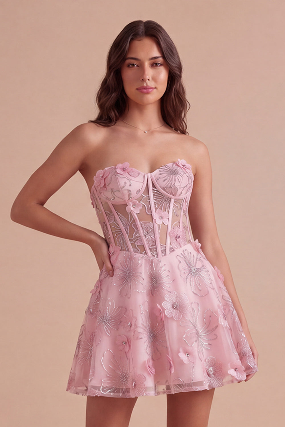 Leely Women Pink Floral Sparkly Corset Sequin Short Homecoming Dress Beaded A Line Lace Up Back Strapless Cocktail Dress