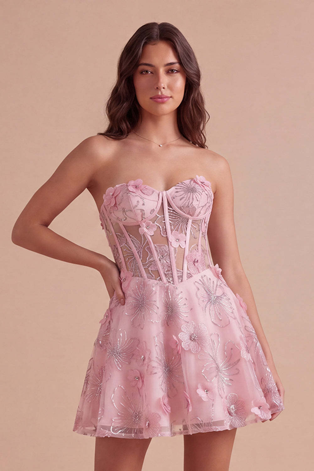 Leely Women Pink Floral Sparkly Corset Sequin Short Homecoming Dress Beaded A Line Lace Up Back Strapless Cocktail Dress