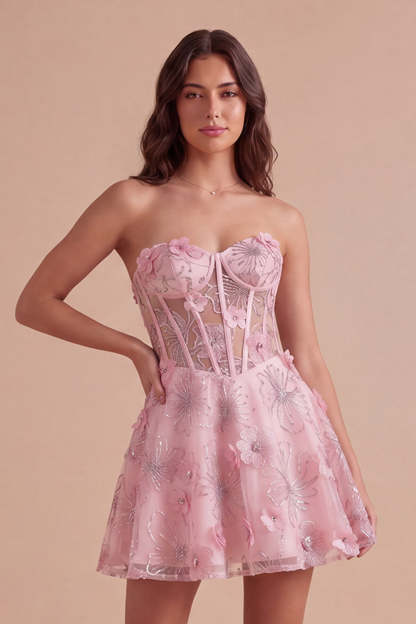 Leely Women Pink Floral Sparkly Corset Sequin Short Homecoming Dress Beaded A Line Lace Up Back Strapless Cocktail Dress