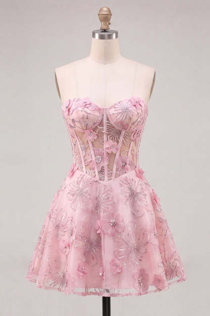 Pink Floral Sparkly Corset Strapless Short Homecoming Dress