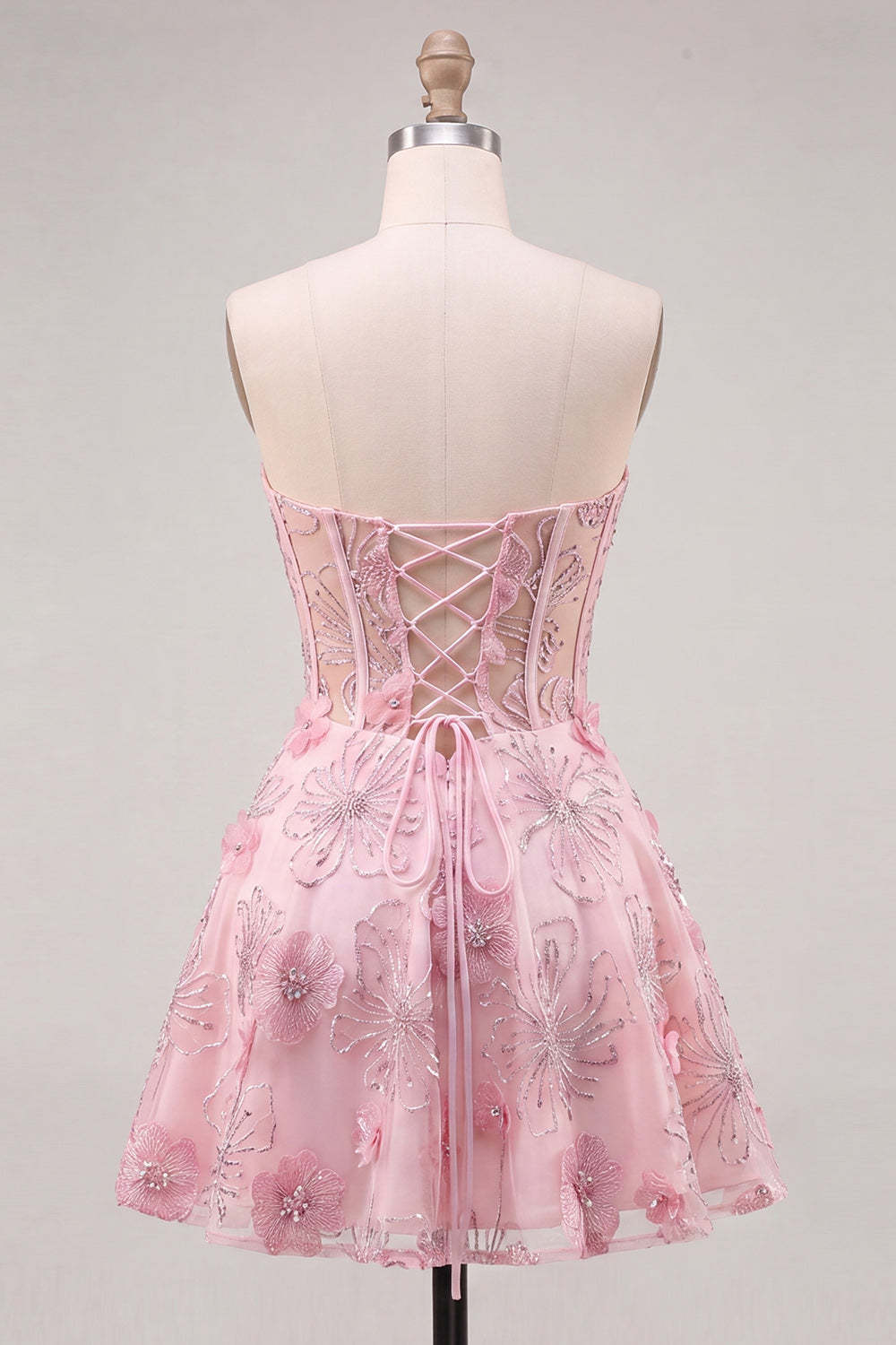 Pink Floral Sparkly Corset Strapless Short Homecoming Dress