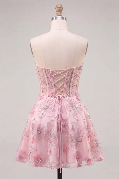 Pink Floral Sparkly Corset Strapless Short Homecoming Dress