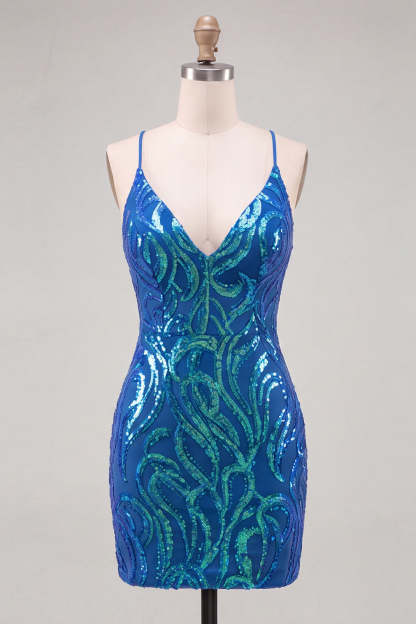 Sparkly Sequin Dark Blue Spaghetti Straps Short Homecoming Dress