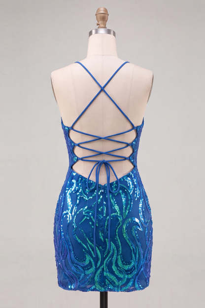 Sparkly Sequin Dark Blue Spaghetti Straps Short Homecoming Dress