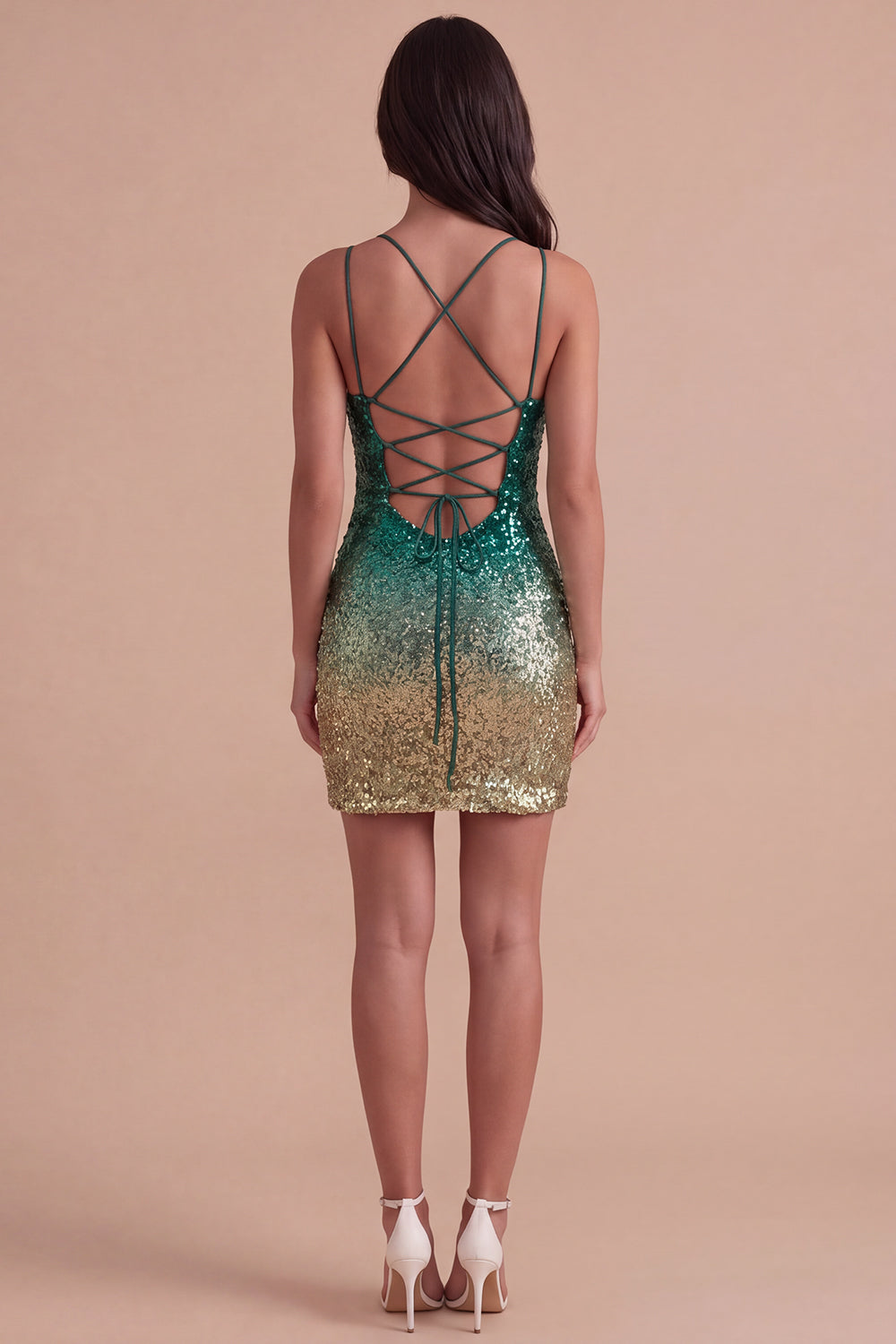 Sparkly Green and Gold Sequin Spaghetti Straps Short Homecoming Dress
