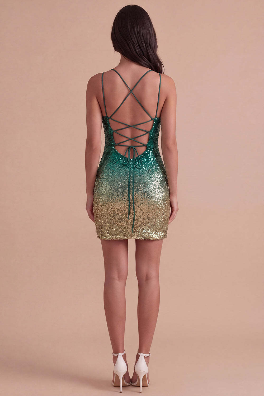 Sparkly Green and Gold Sequin Spaghetti Straps Short Homecoming Dress