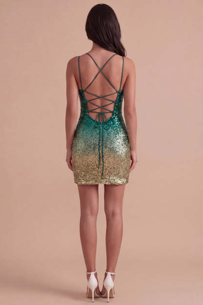 Sparkly Green and Gold Sequin Spaghetti Straps Short Homecoming Dress