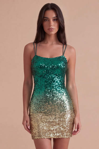 Leely Women Sparkly Green and Gold Sequin Short Homecoming Dress Bodycon Crossed Straps Spaghetti Straps Birthday Dress