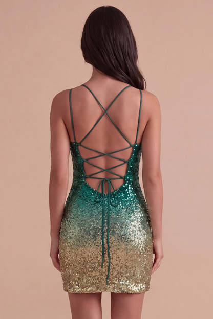 Sparkly Green and Gold Sequin Spaghetti Straps Short Homecoming Dress