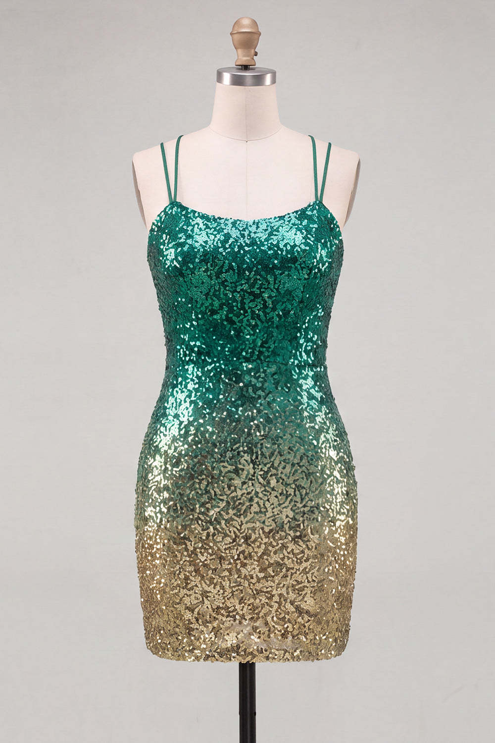 Sparkly Green and Gold Sequin Spaghetti Straps Short Homecoming Dress