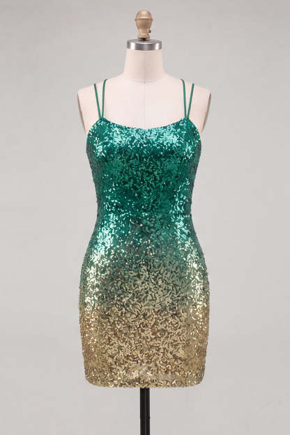 Sparkly Green and Gold Sequin Spaghetti Straps Short Homecoming Dress