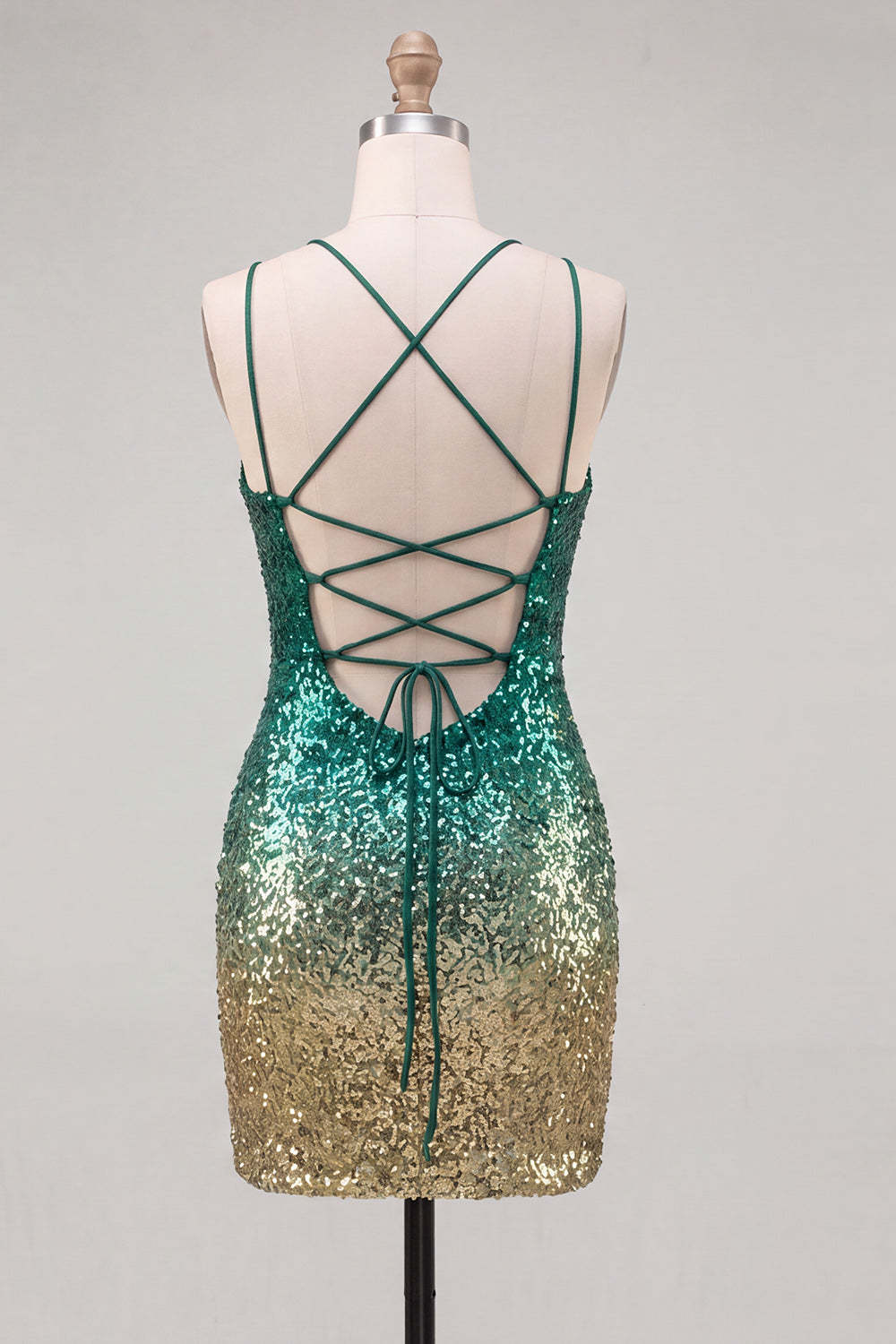 Sparkly Green and Gold Sequin Spaghetti Straps Short Homecoming Dress