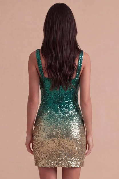 Green and Gold Sparkly Sequin Short Homecoming Dress with Slit