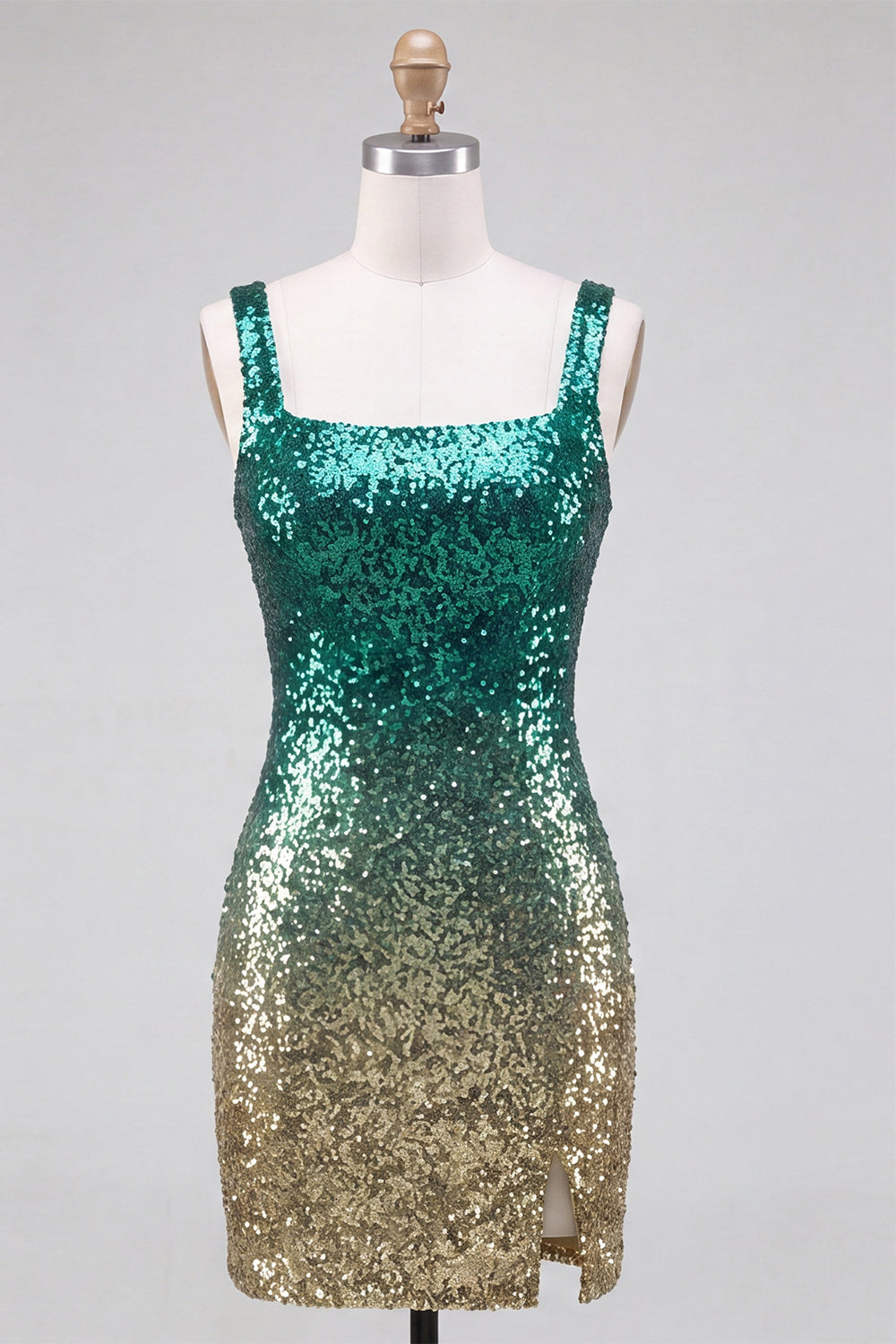 Green and Gold Sparkly Sequin Short Homecoming Dress with Slit