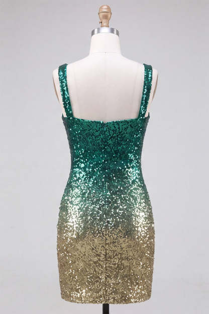Green and Gold Sparkly Sequin Short Homecoming Dress with Slit
