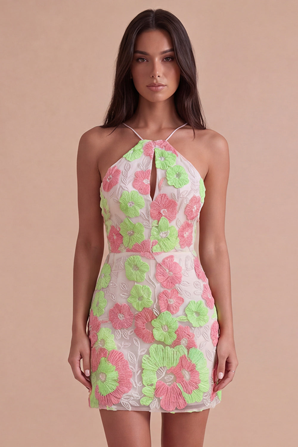 Sparkly Pink and Green Floral Halter Short Homecoming Dress