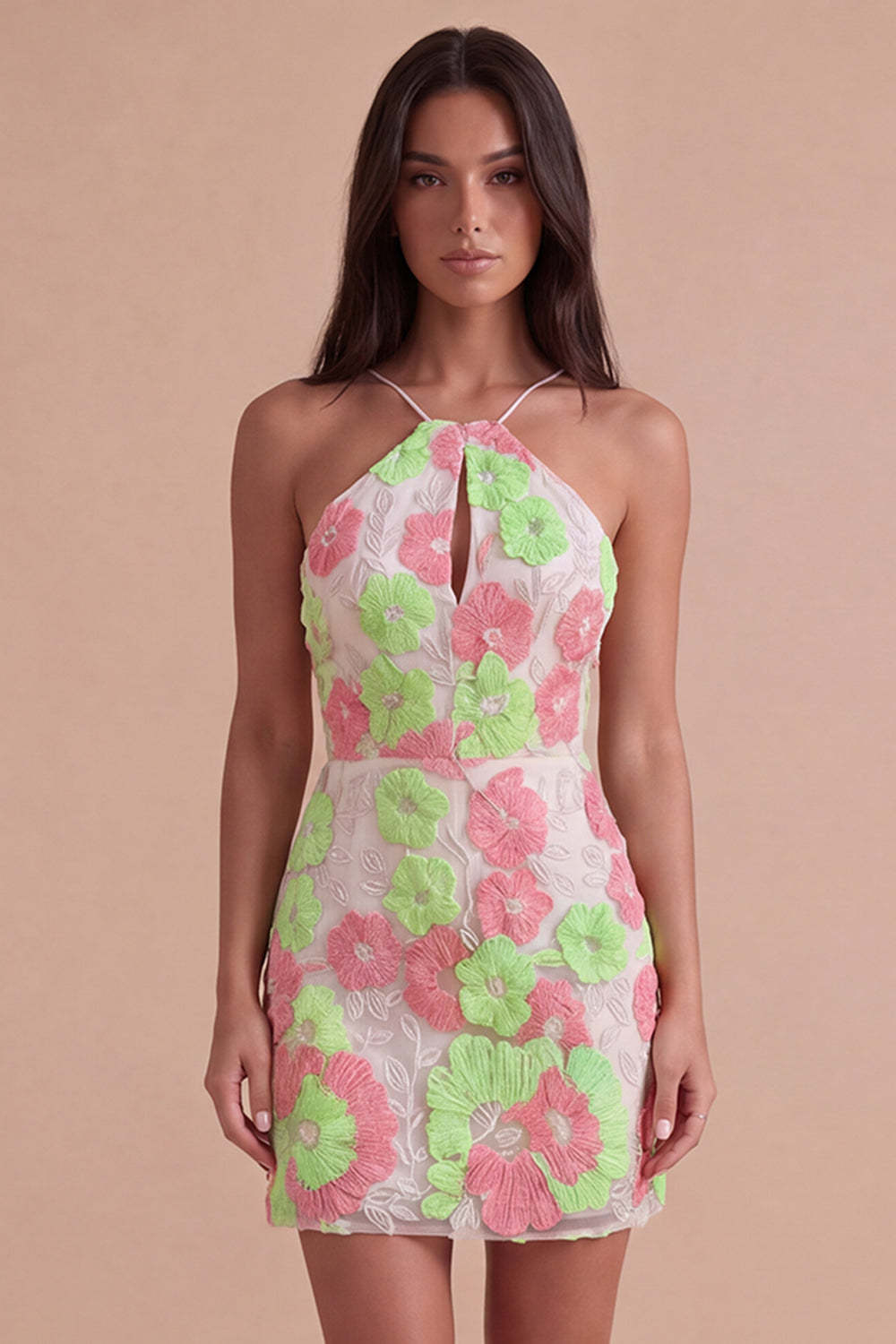 Leely Women Sparkly Pink and Green Floral Short Homecoming Dress Bodycon Keyhole Embroidered Halter Cocktail Dress